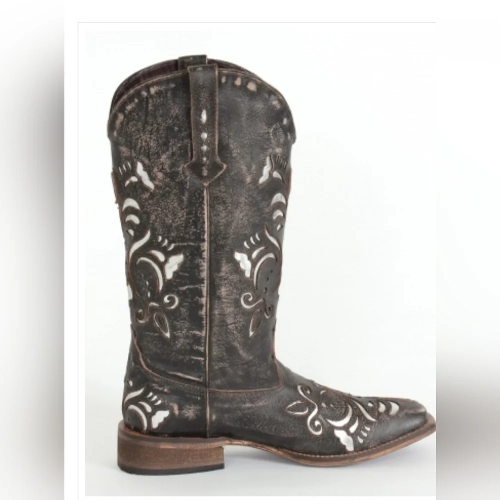 Roper 10.5 Metallic Underlay Boots EUC Tan Silver Cowgirl Like New - Picture 2 of 12